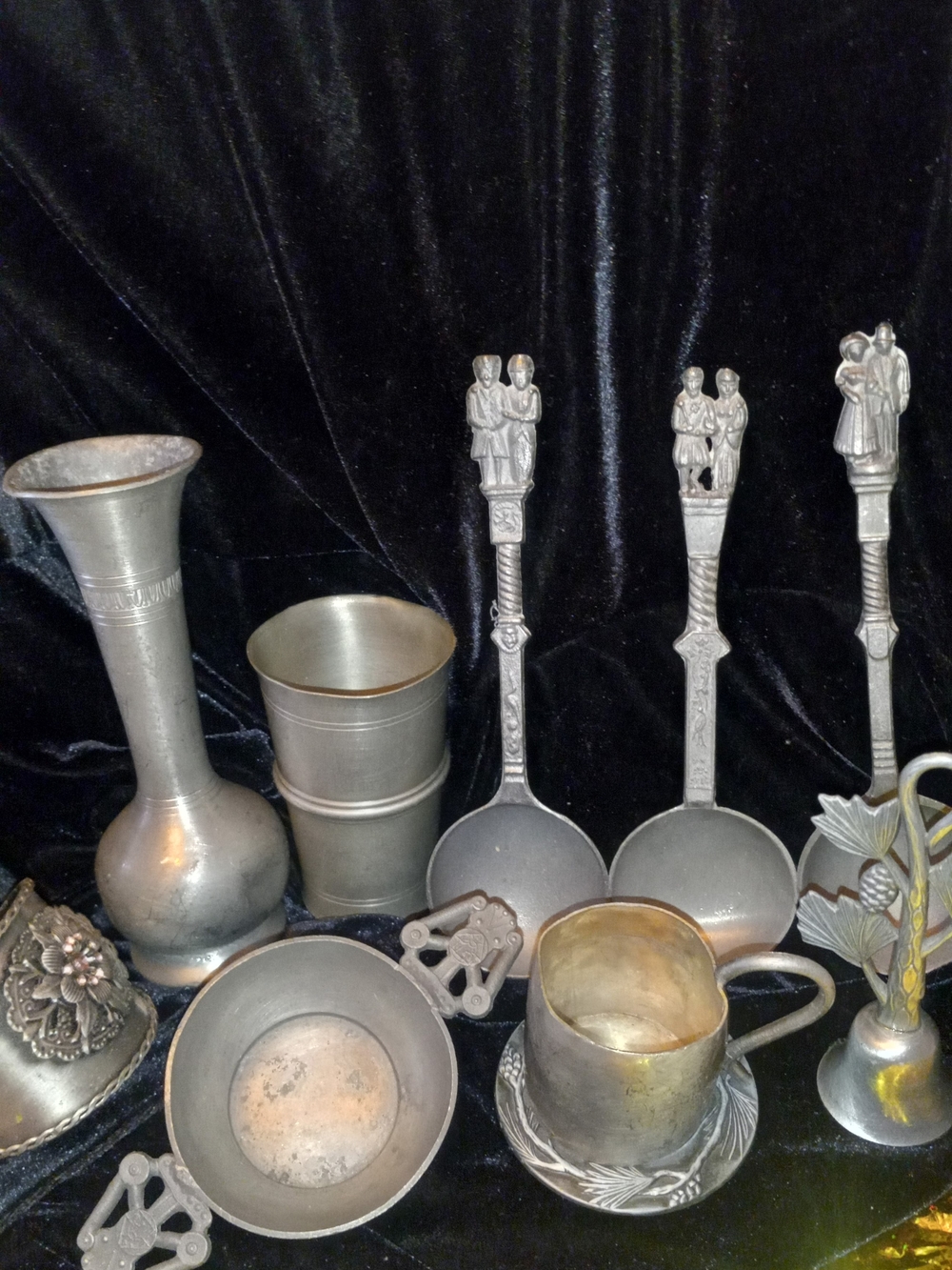 Germany RARE PEWTER Antique-Style Silver Gray Decorative 9 Piece Tableware Set